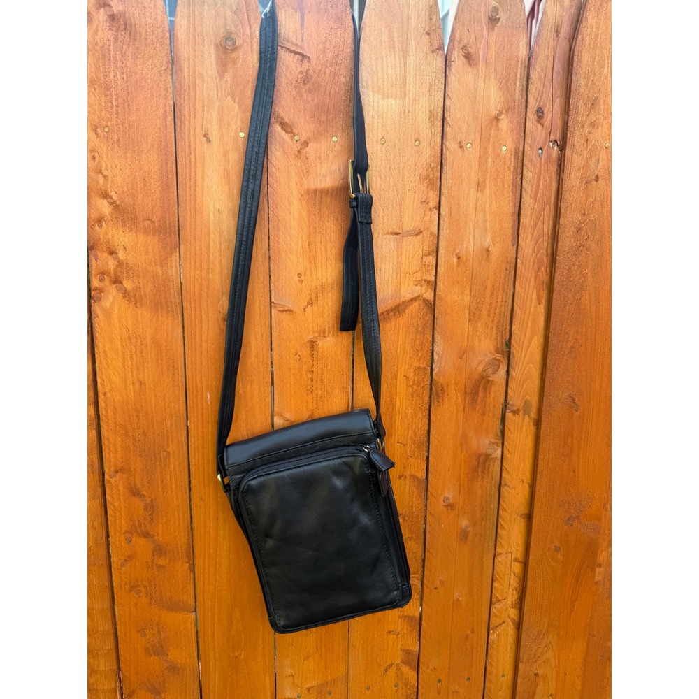90s Lord & Taylor Black Leather Crossbody Organizer Bag Gold Hardware Wallet Bag